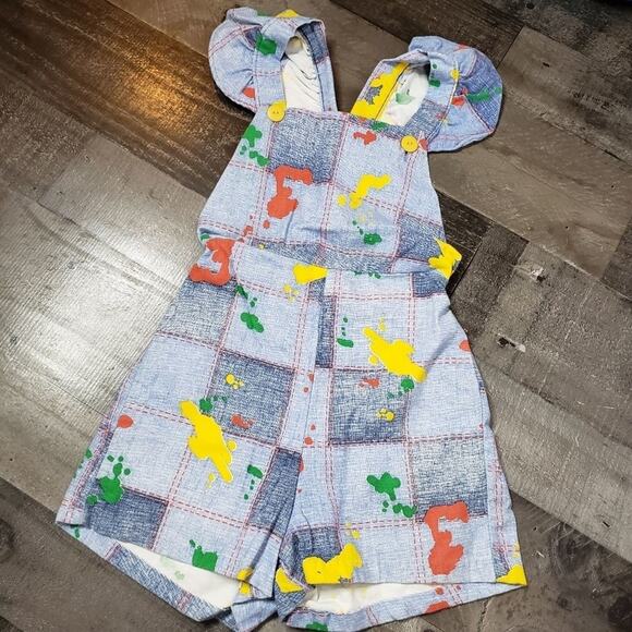 VTG Patchwork Denim Paint Splatter Print Pinafore Romper, size 10 - Picture 1 of 6